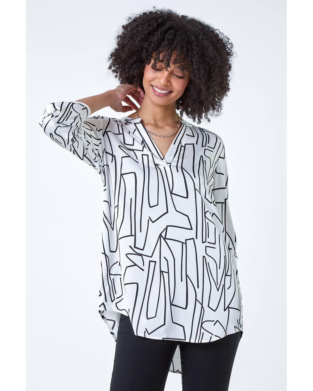 Roman White Abstract Print Longline V-Neck Top