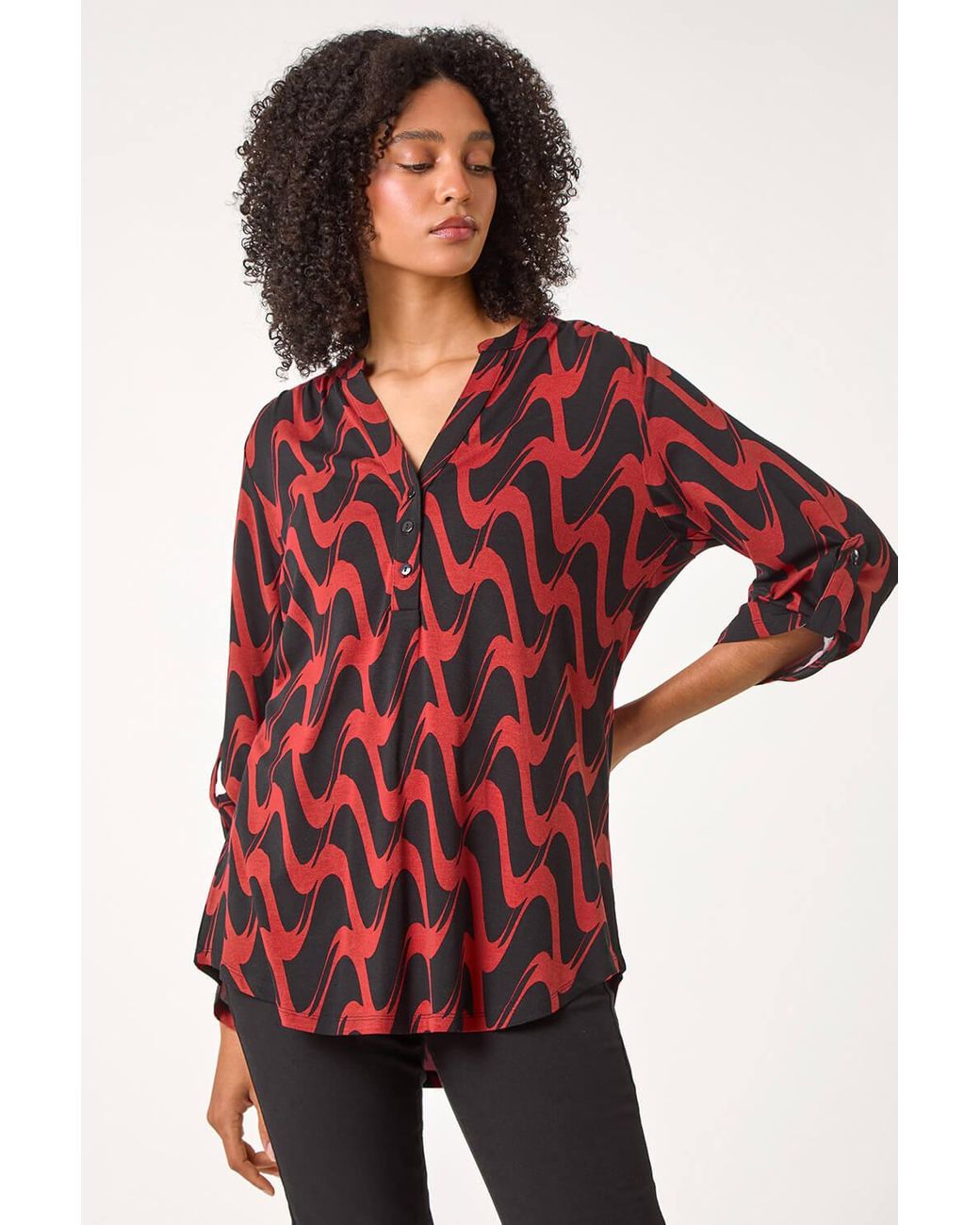 Roman Red Geometric Print Stretch Blouse