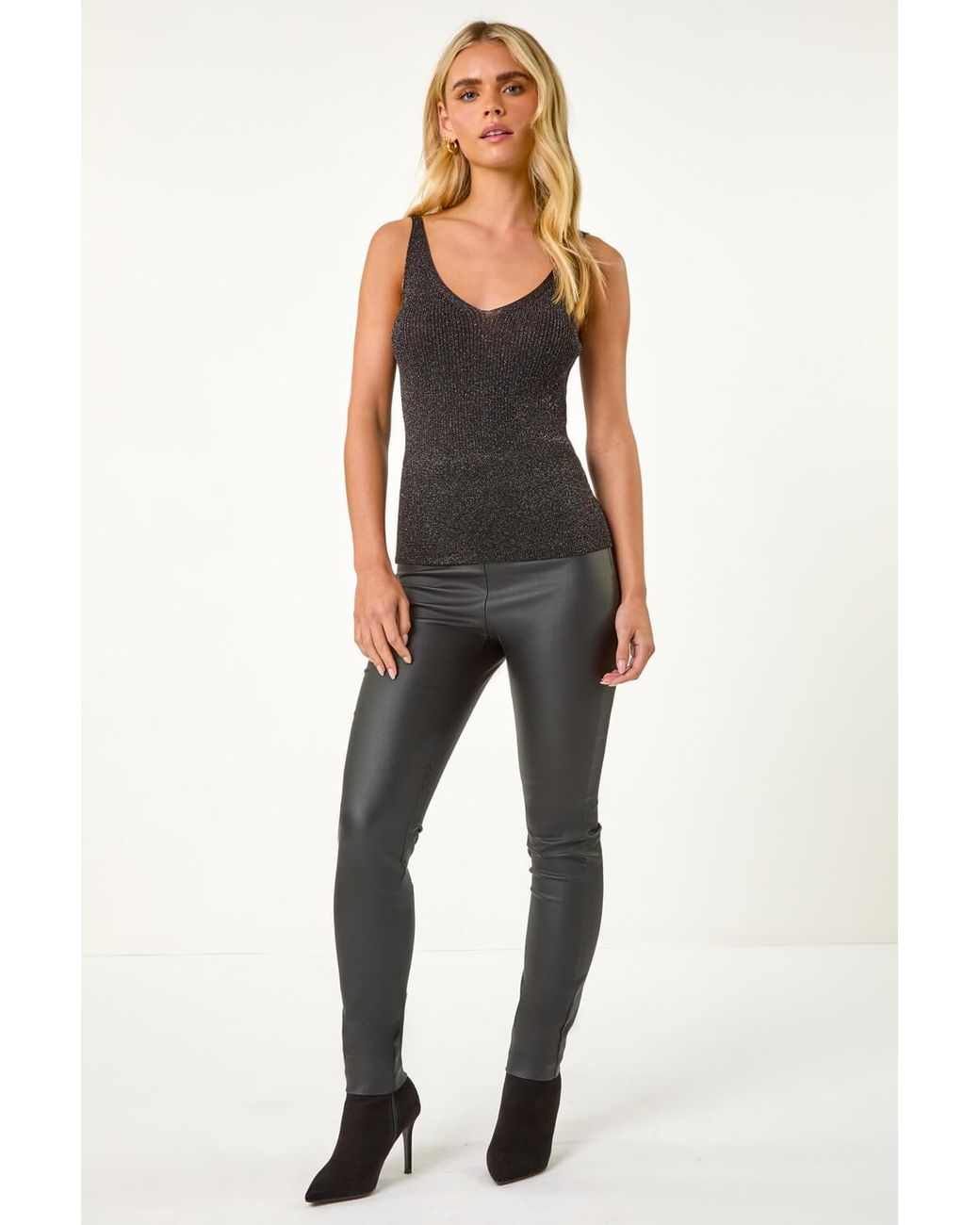 Roman Petite Black Ribbed Shimmer Knit Vest