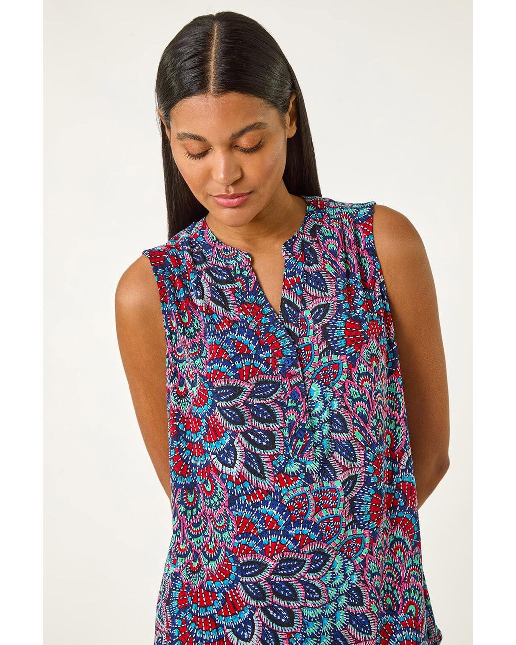 Roman Blue Abstract Print Stretch Vest Top