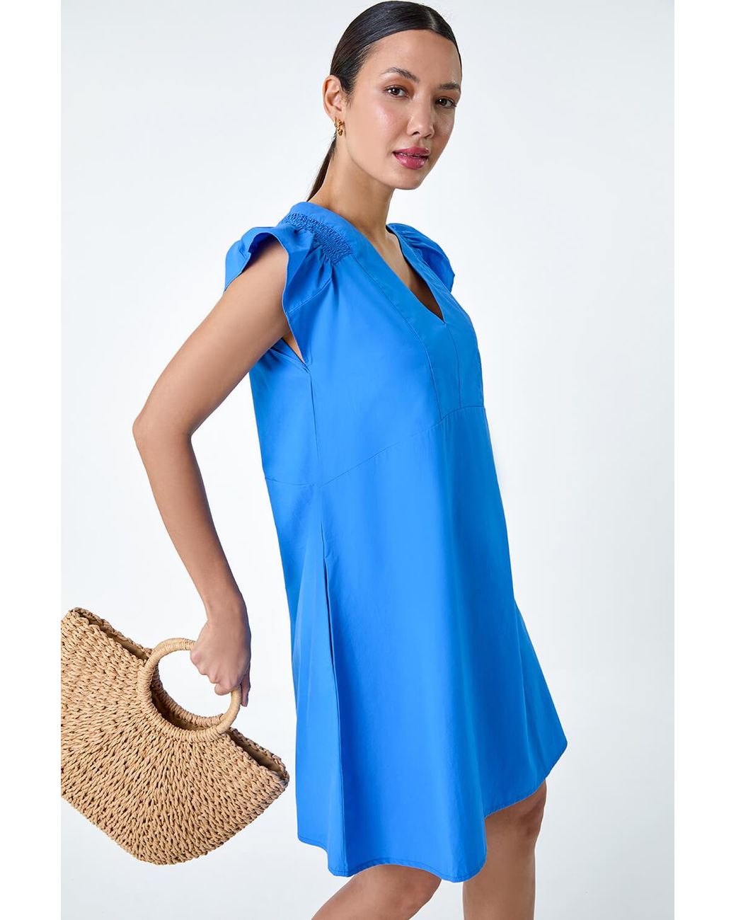 Roman Blue Plain Cotton Frill Sleeve Pocket Dress