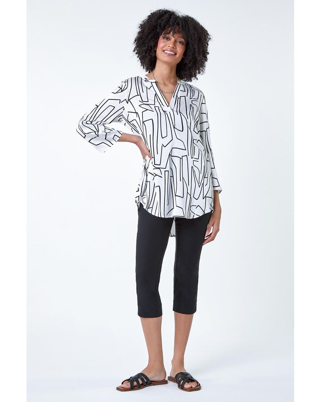 Roman White Abstract Print Longline V-Neck Top