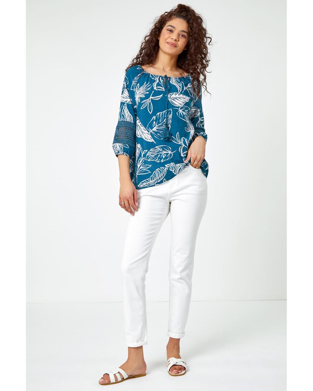 Roman Blue Palm Print Tassel Detail Bardot Top