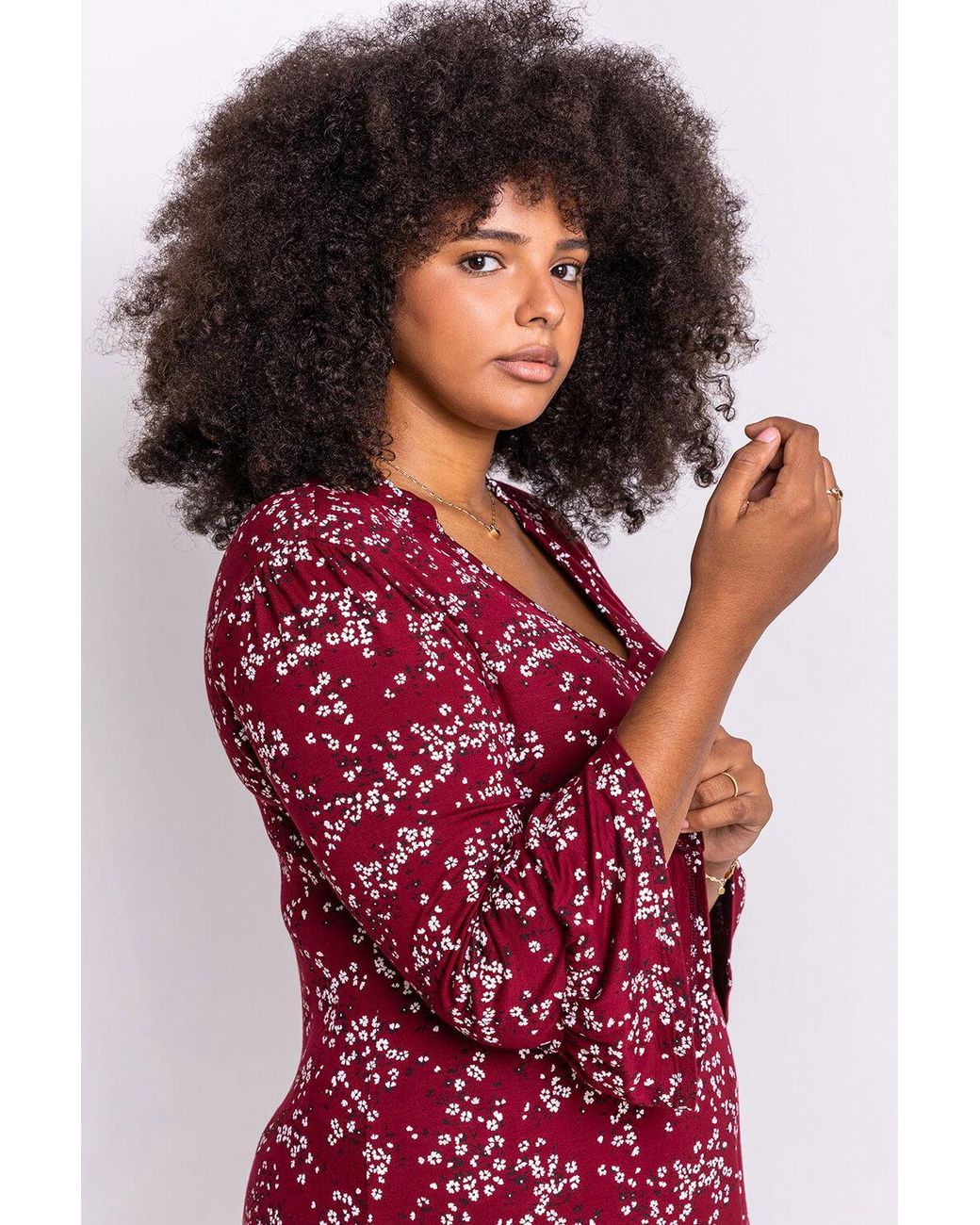 Roman Curve Red Floral Print V Neck Dress