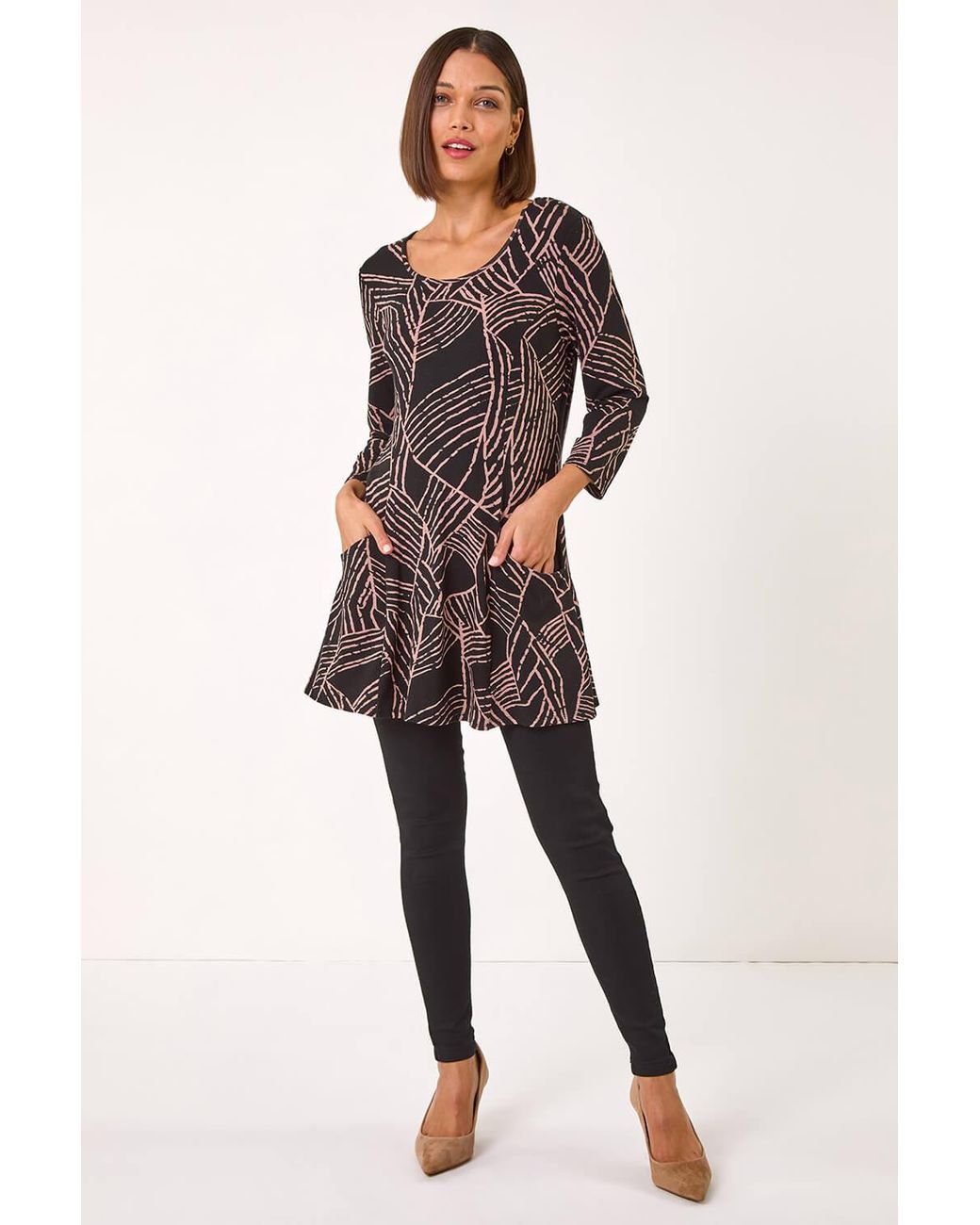 Roman Gray Abstract Print Pocket Detail Tunic
