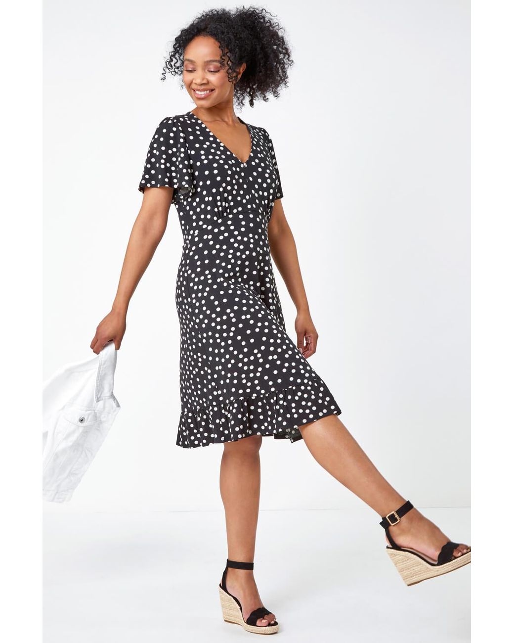 Roman Originals Petite Polka Dot Frill Hem Stretch Dress in Black