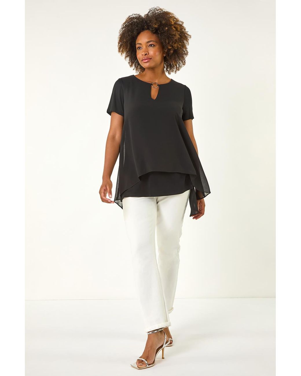 Roman Black Ring Front Chiffon Overlay Top