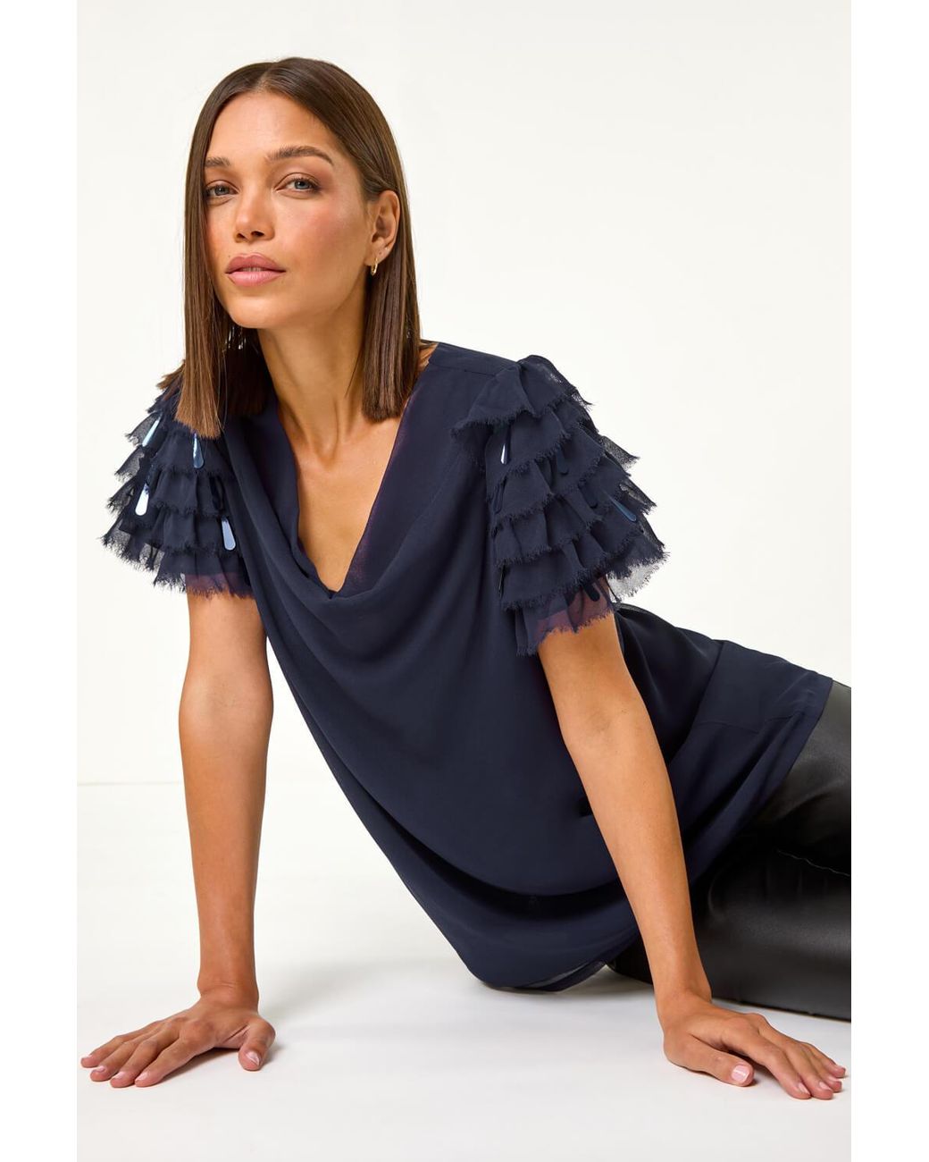 Roman Blue Cowl Neck Shoulder Sequin Frill Top