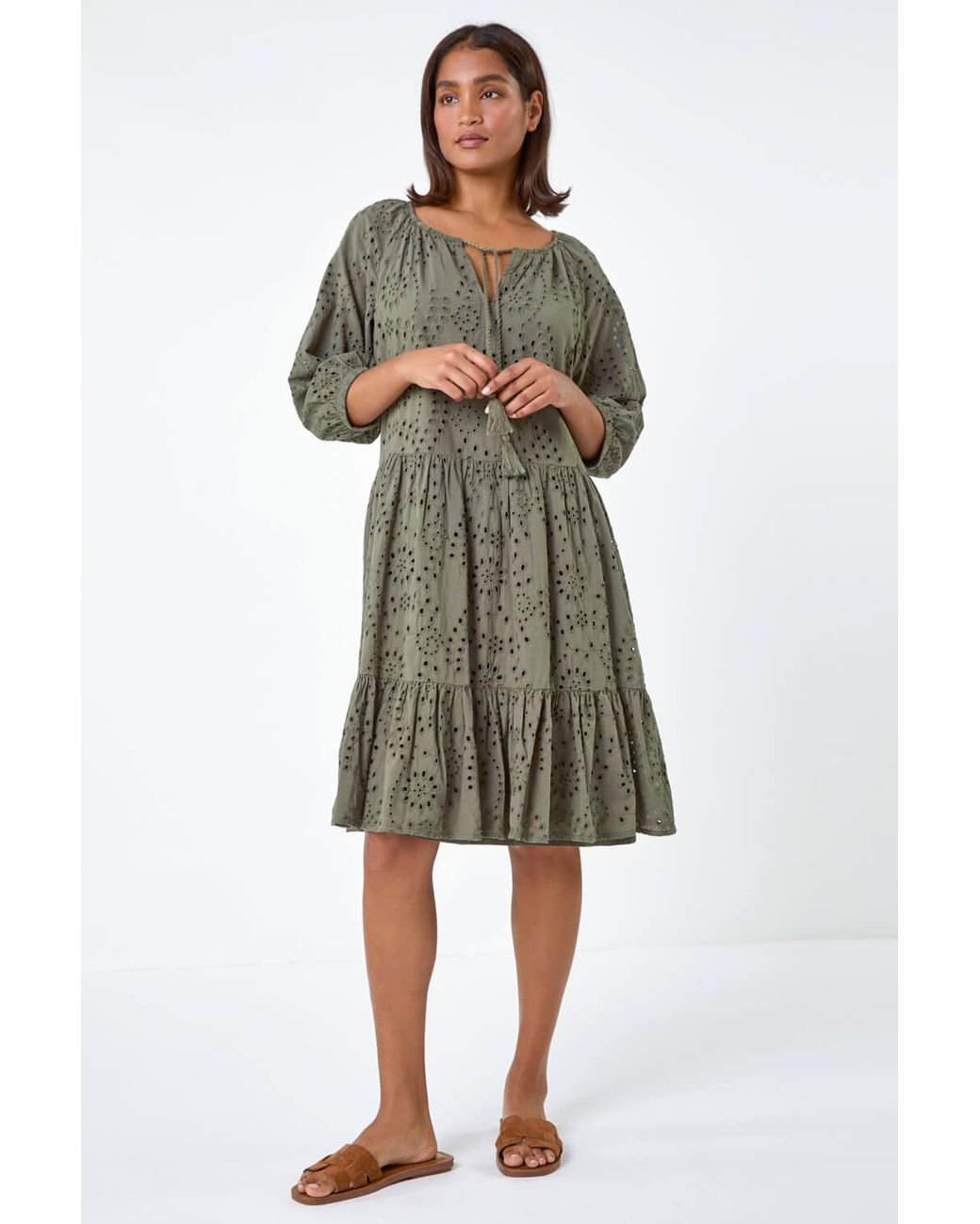 Roman Green Cotton Broderie Tiered Smock Dress
