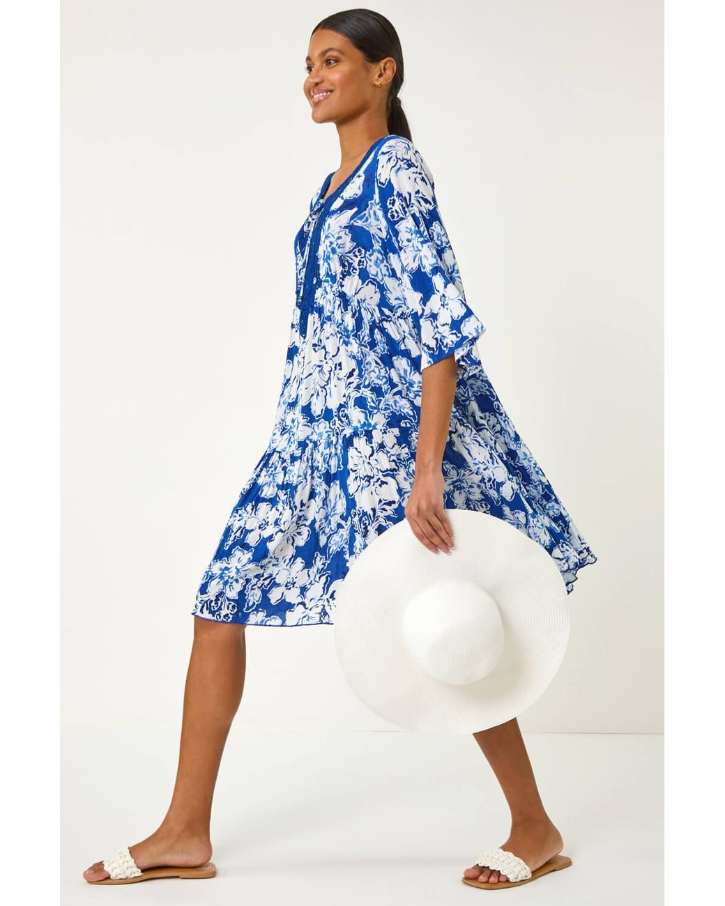 Roman Blue Shadow Floral Lace Smock Dress