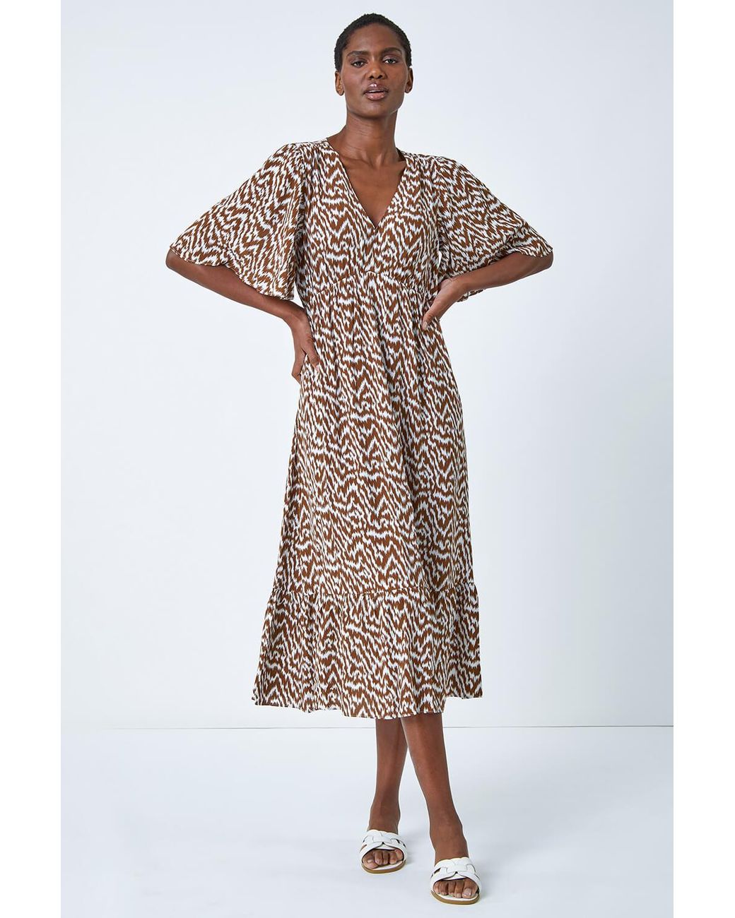 Roman Brown Zig Zag Print Tiered Hem Midi Dress