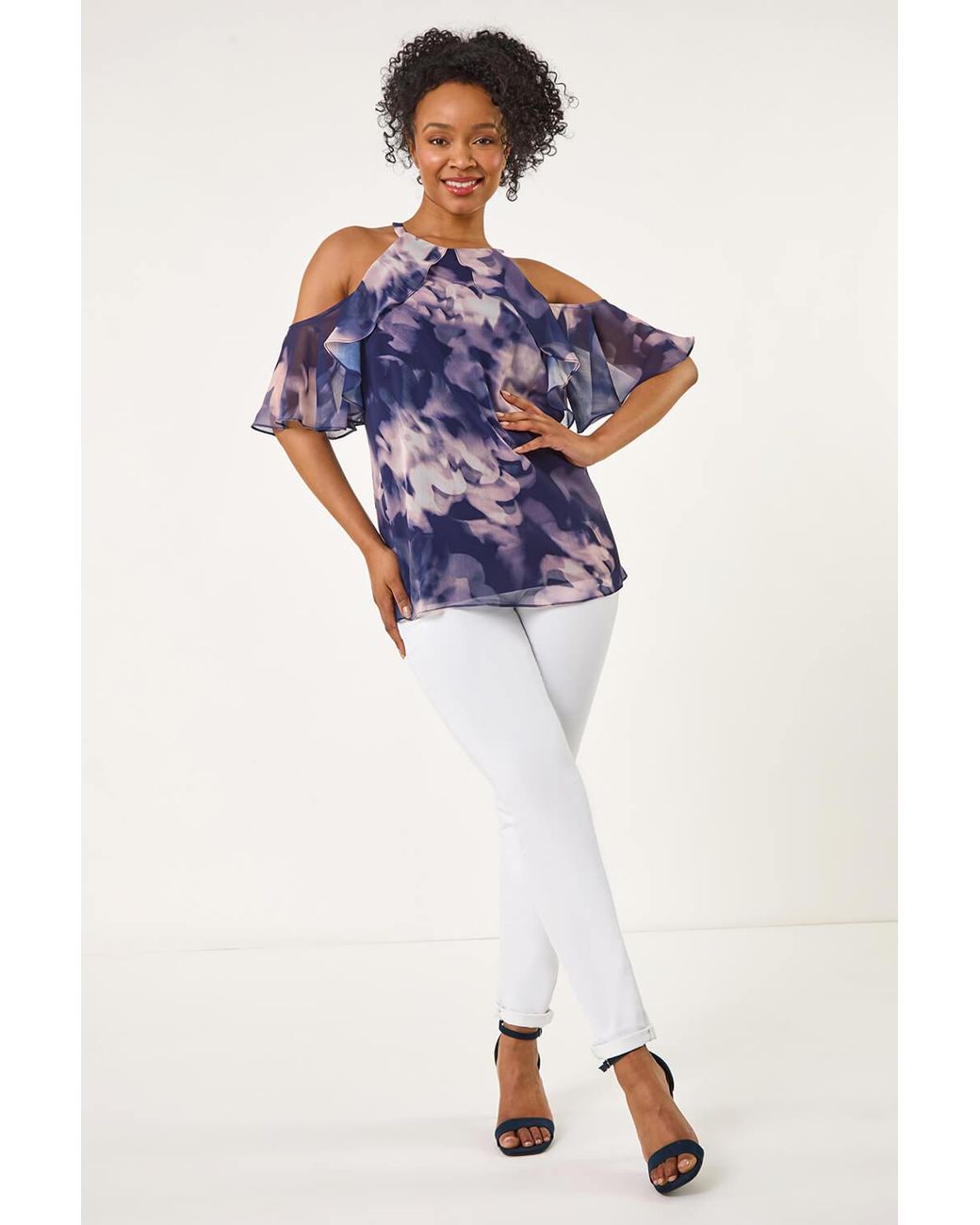 Roman Petite Blue Halter Frill Cold Shoulder Top