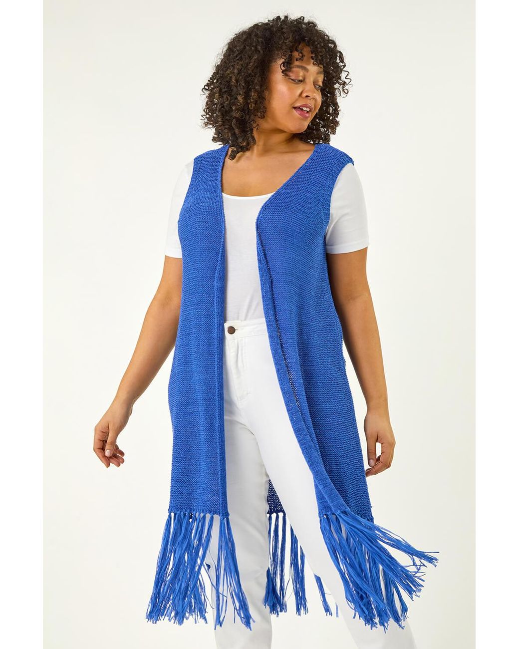 Roman Curve Blue Crochet Knit Tassel Cardigan
