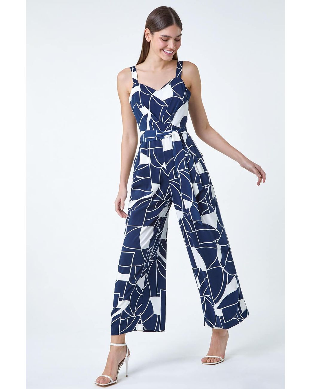 Roman Blue Abstract Print Pocket Jumpsuit