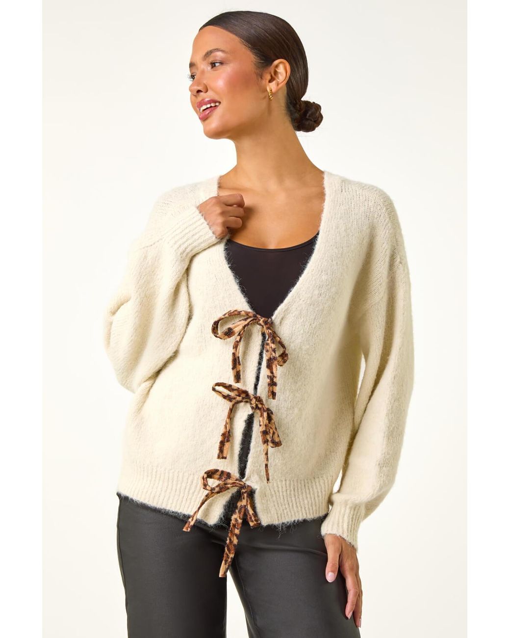 Roman Natural Leopard Tie Front V-Neck Cardigan