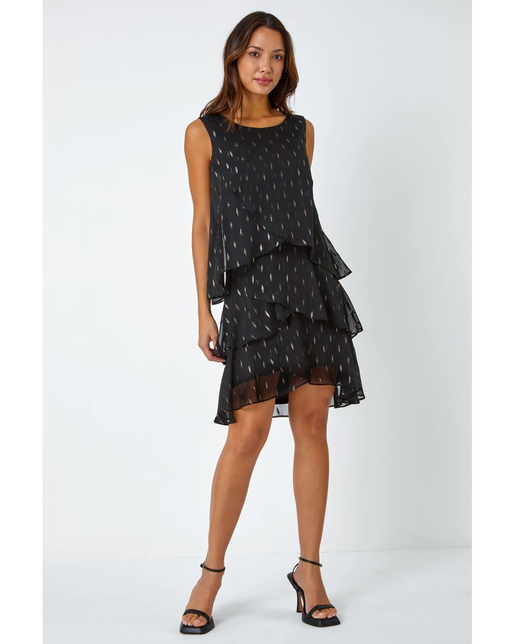 Roman Black Shimmer Foil Print Tiered Dress