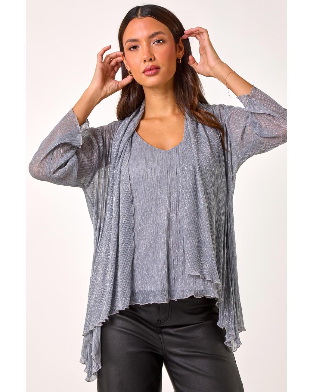 Roman Blue Plisse Print Metallic Foil Kimono