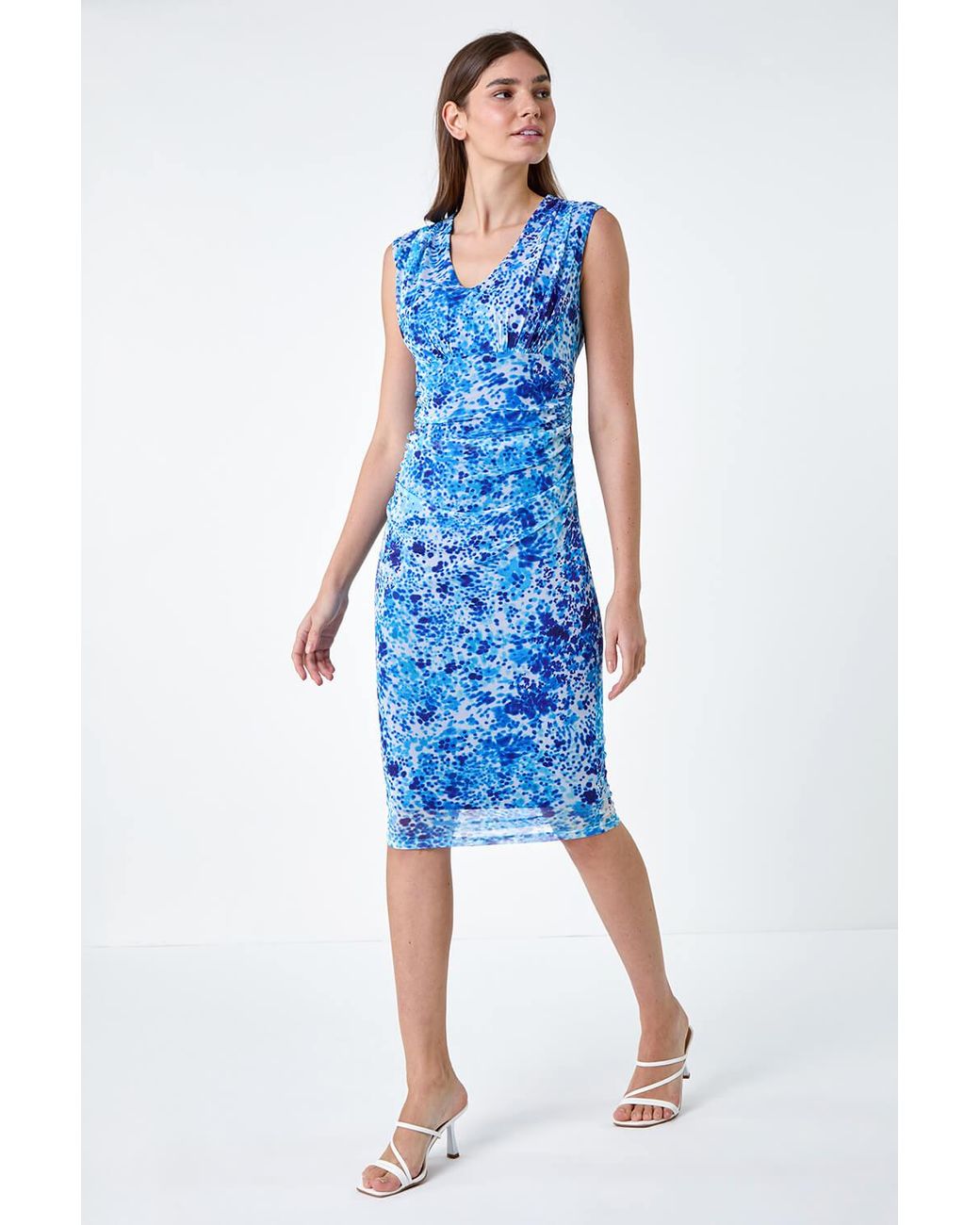 Roman Blue Abstract Spot Ruched Mesh Stretch Dress