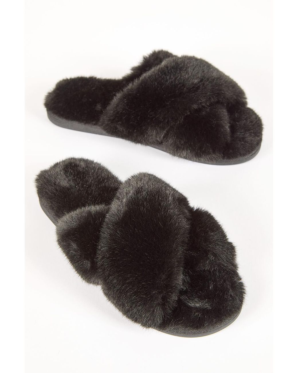 Roman Black Cross Over Faux Fur Mule Slipper