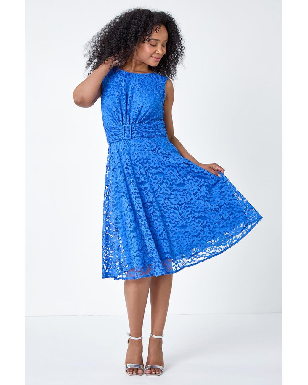 Roman Petite Blue Lace Shimmer Belted Midi Dress