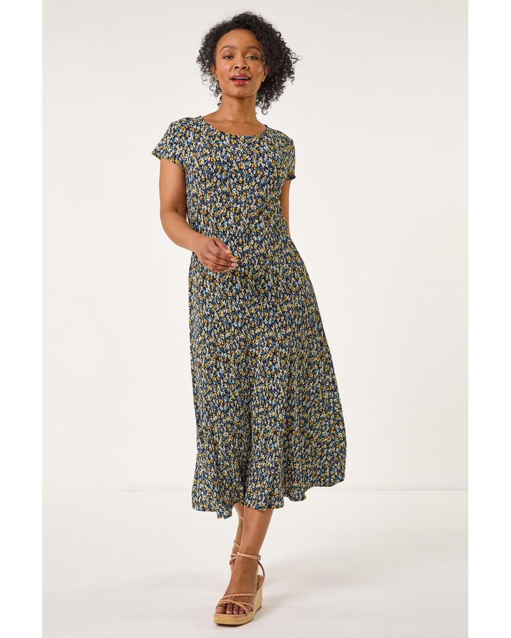 Roman Petite Green Floral Print Crinkle Midi Dress