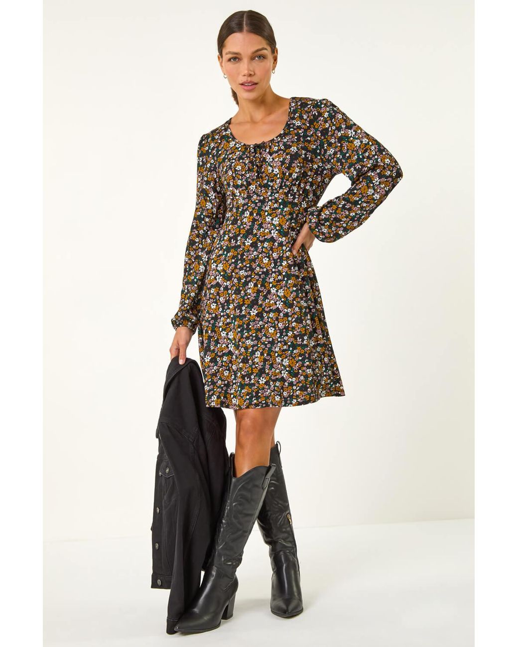 Roman Black Floral Bow Detail Jersey Dress