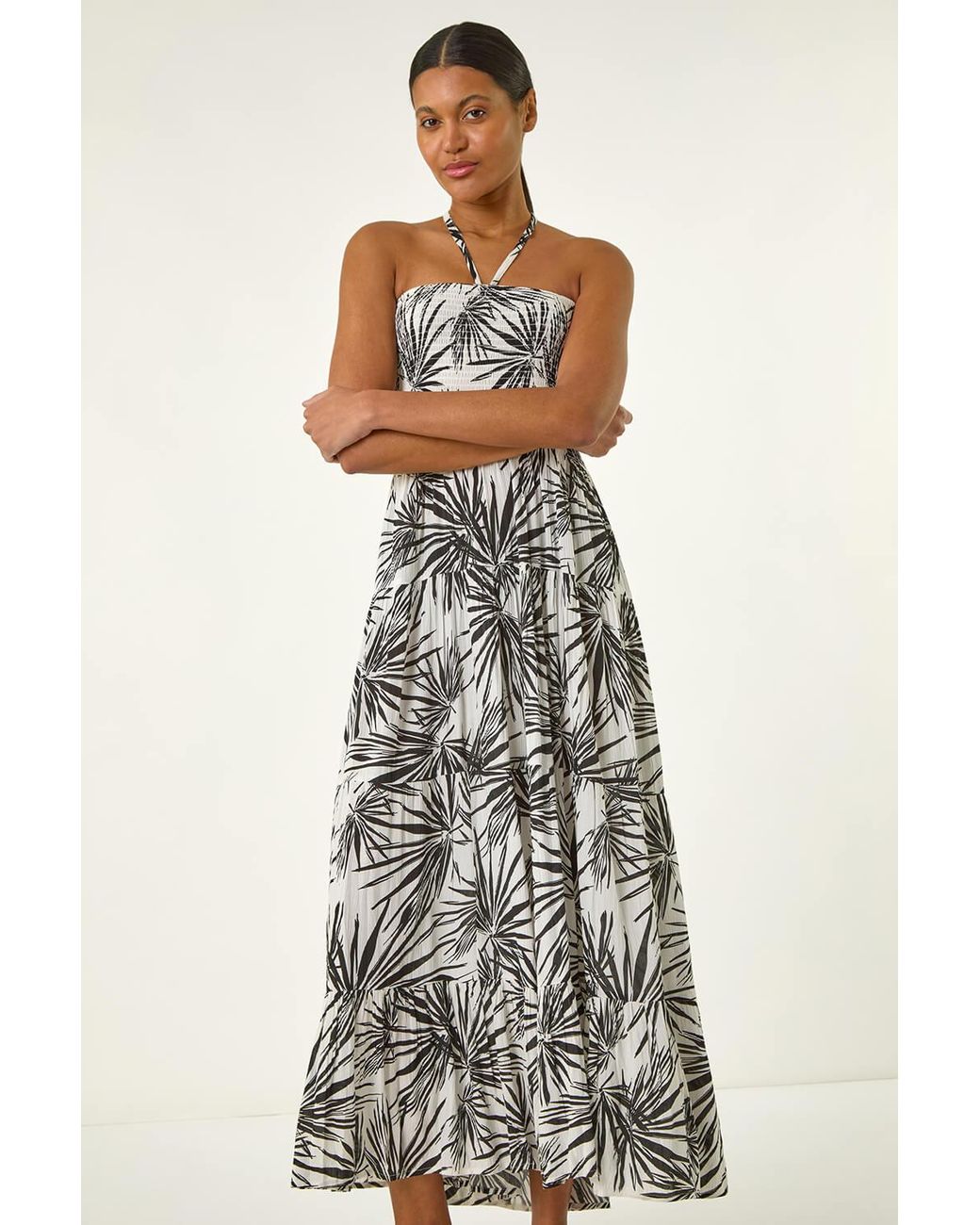 Roman White Shirred Bandeau Midi Dress
