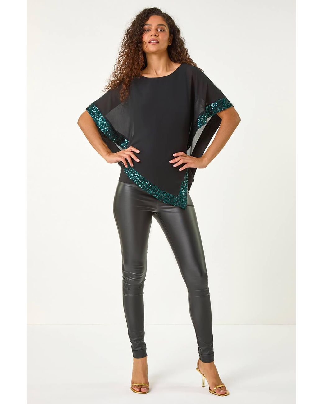Roman Black Sequin Hem Overlay Stretch Top