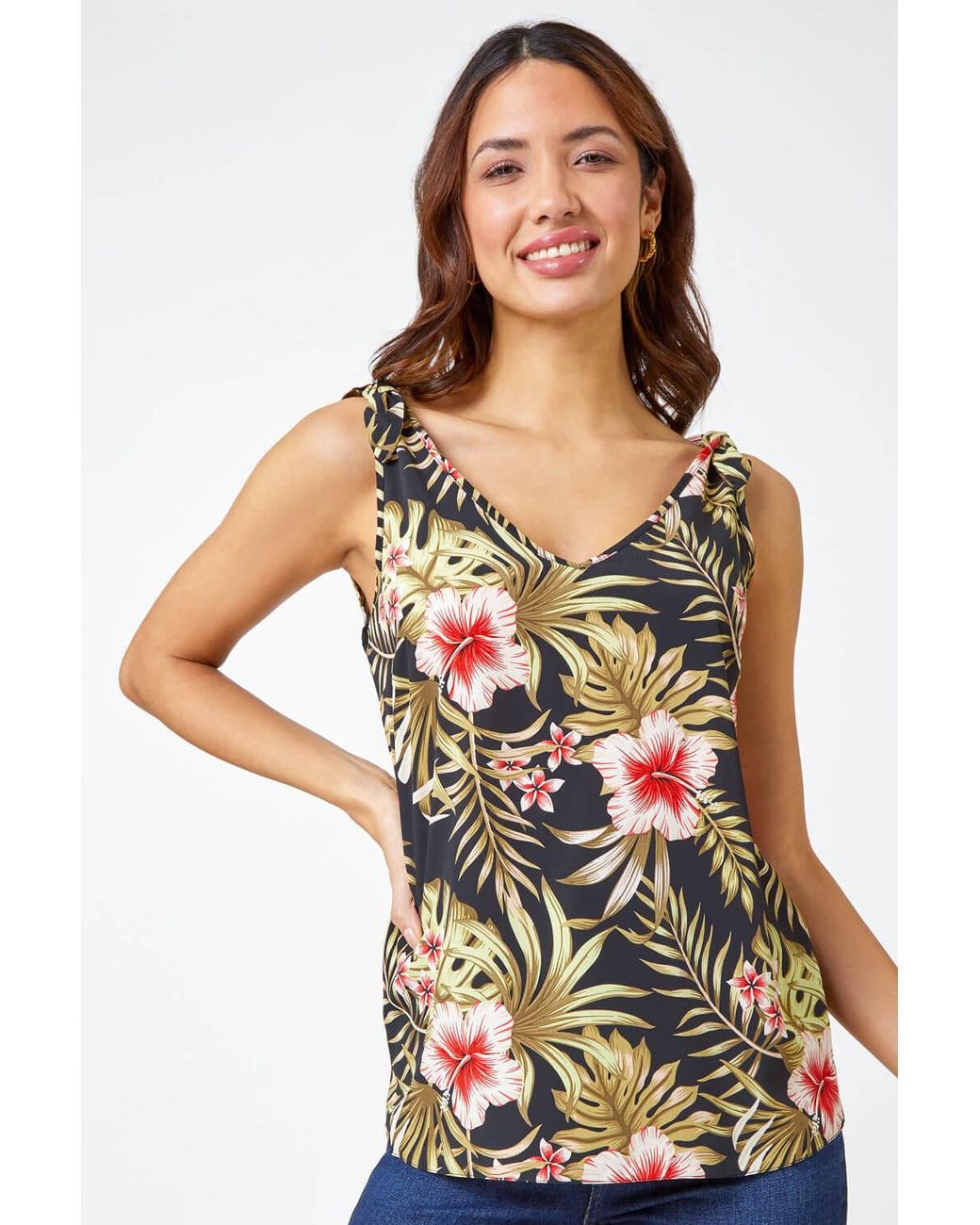 Roman Black Tropical Print V-Neck Chiffon Cami Vest Top