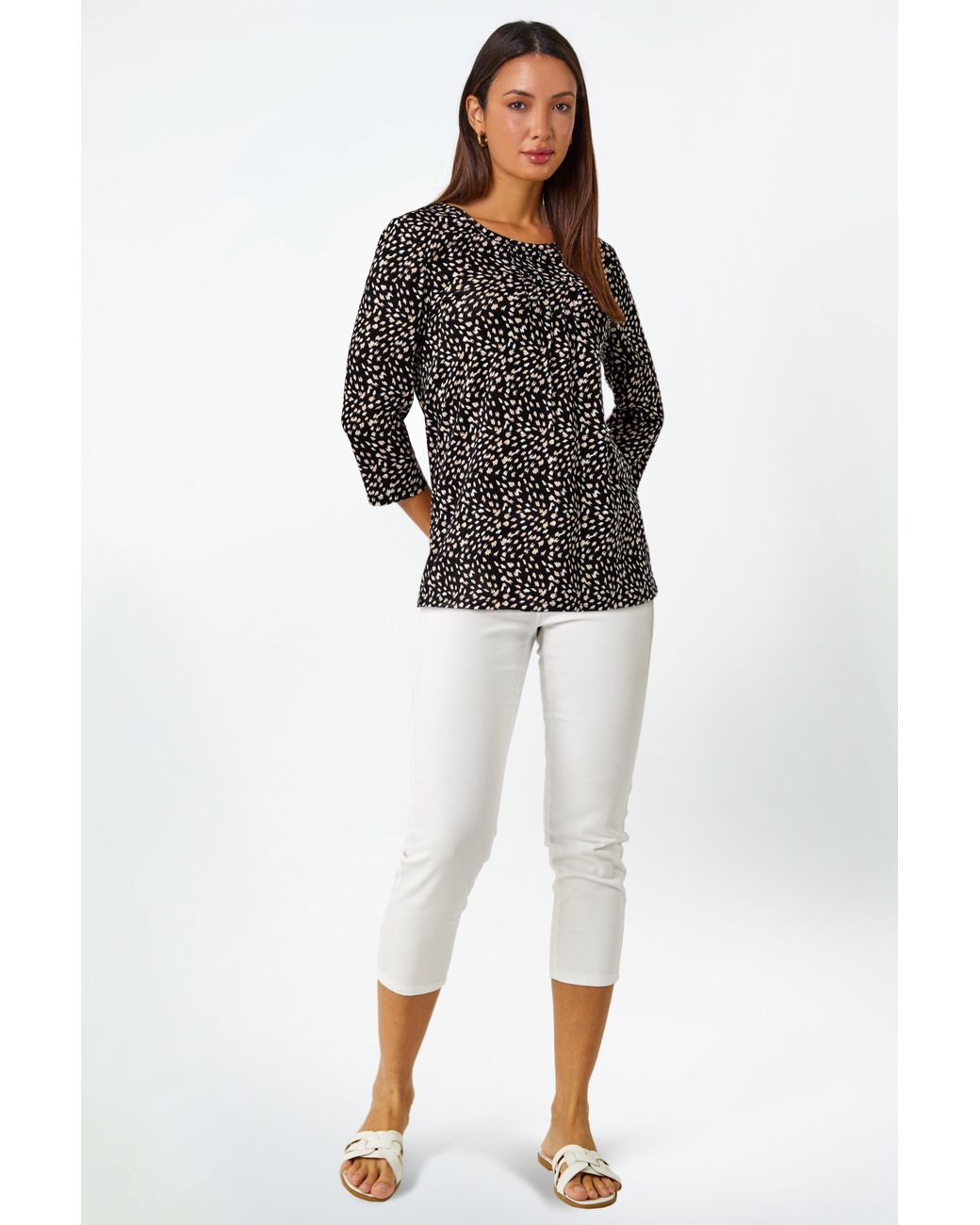 Roman Black Cotton Spot Print Pleated Tunic Top
