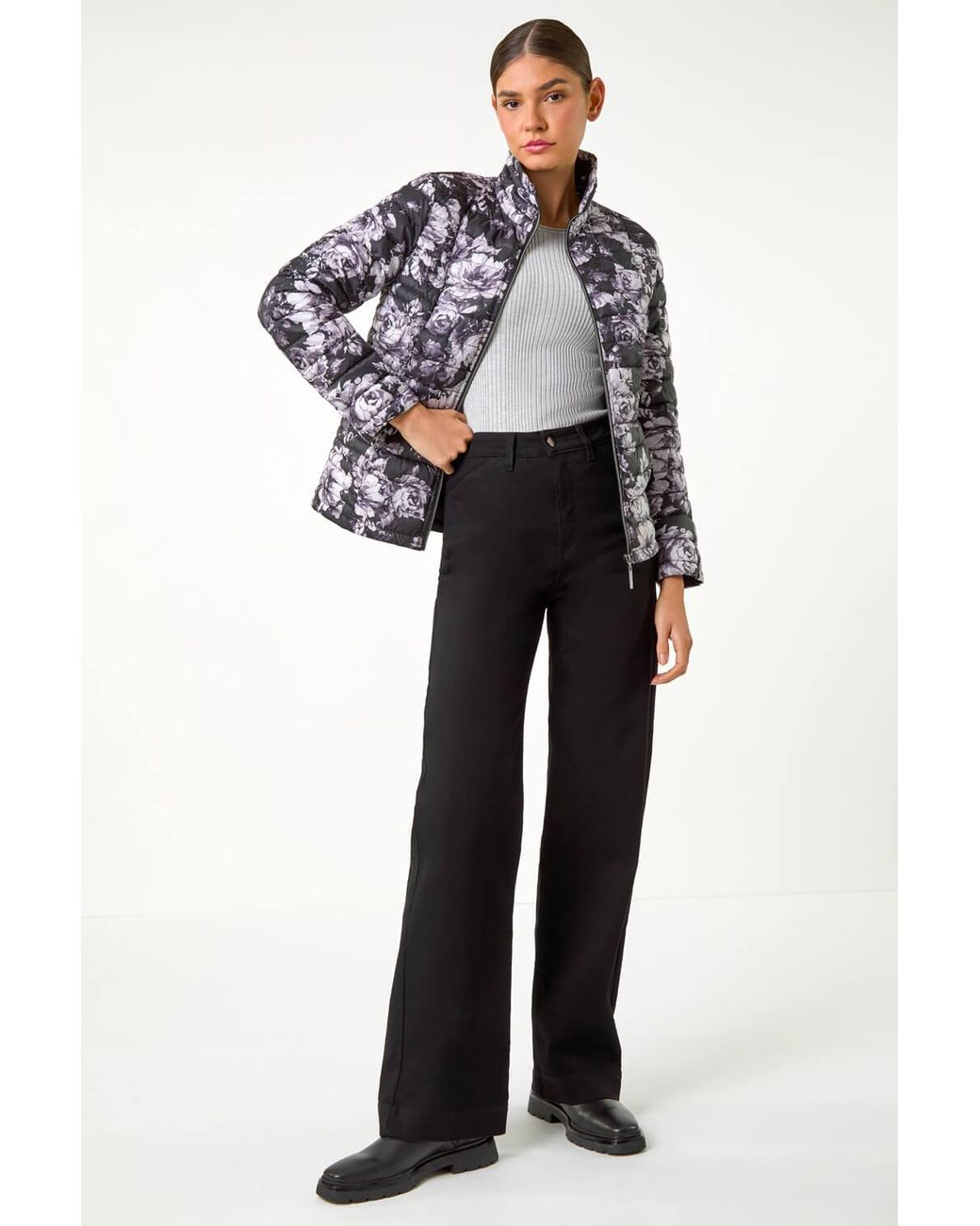 Roman Gray Floral Print Lightweight Quilted Coat