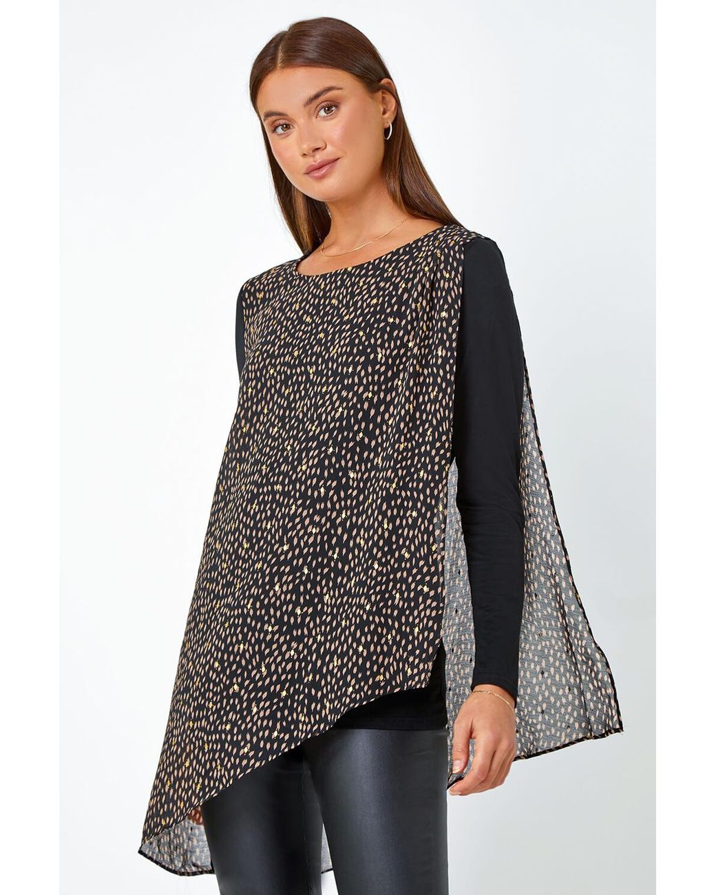 Roman Black Metallic Spot Chiffon Overlay Stretch Top
