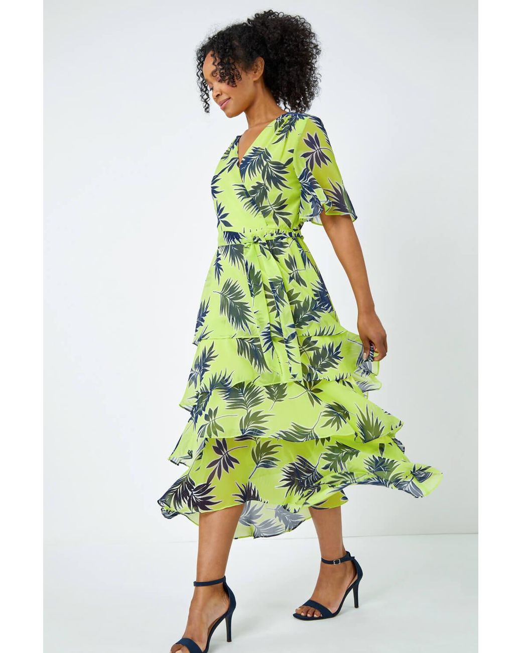 Roman Petite Green Tropical Chiffon Tiered Midi Dress