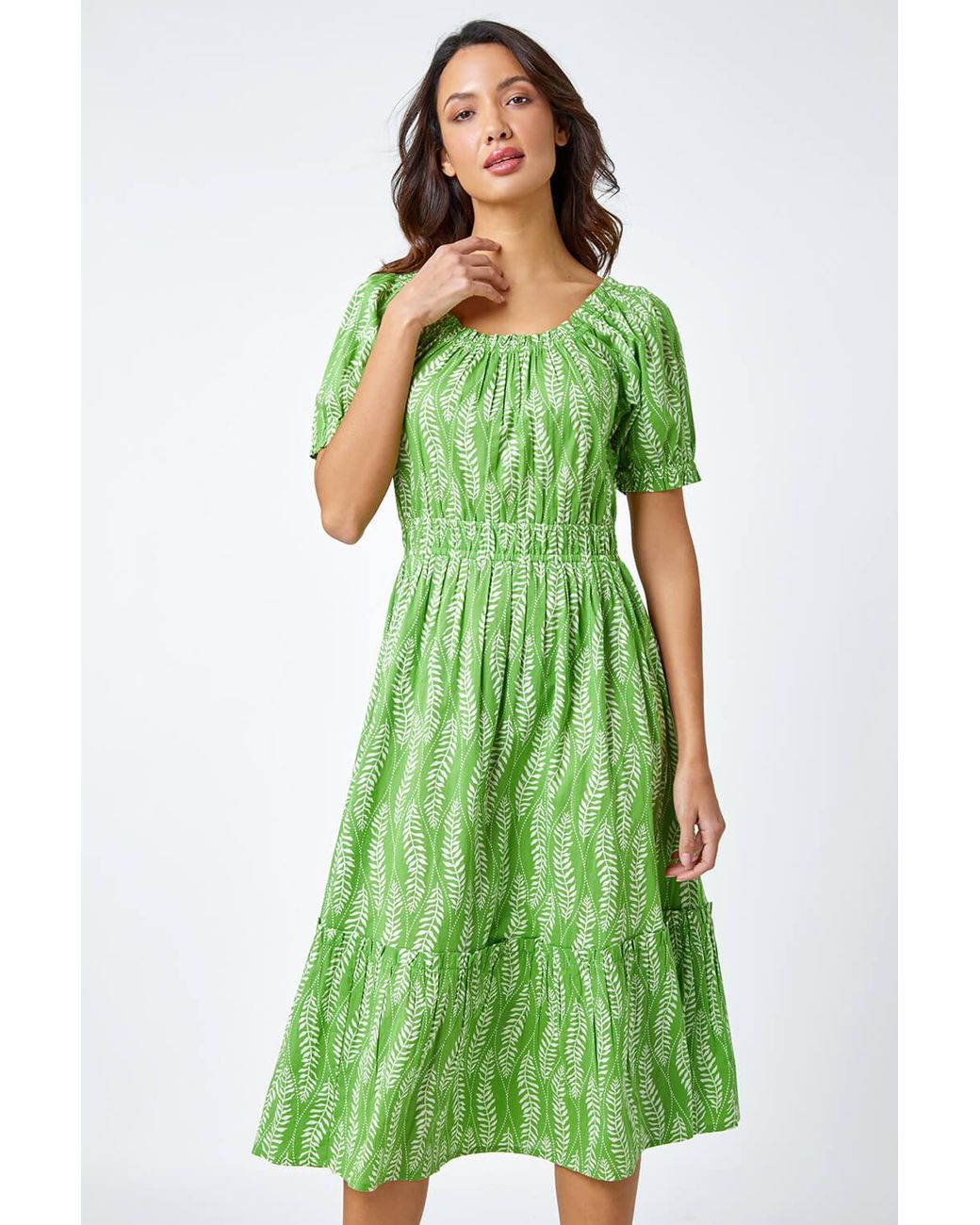 Roman Green Leaf Print Stretch Neck Midi Dress