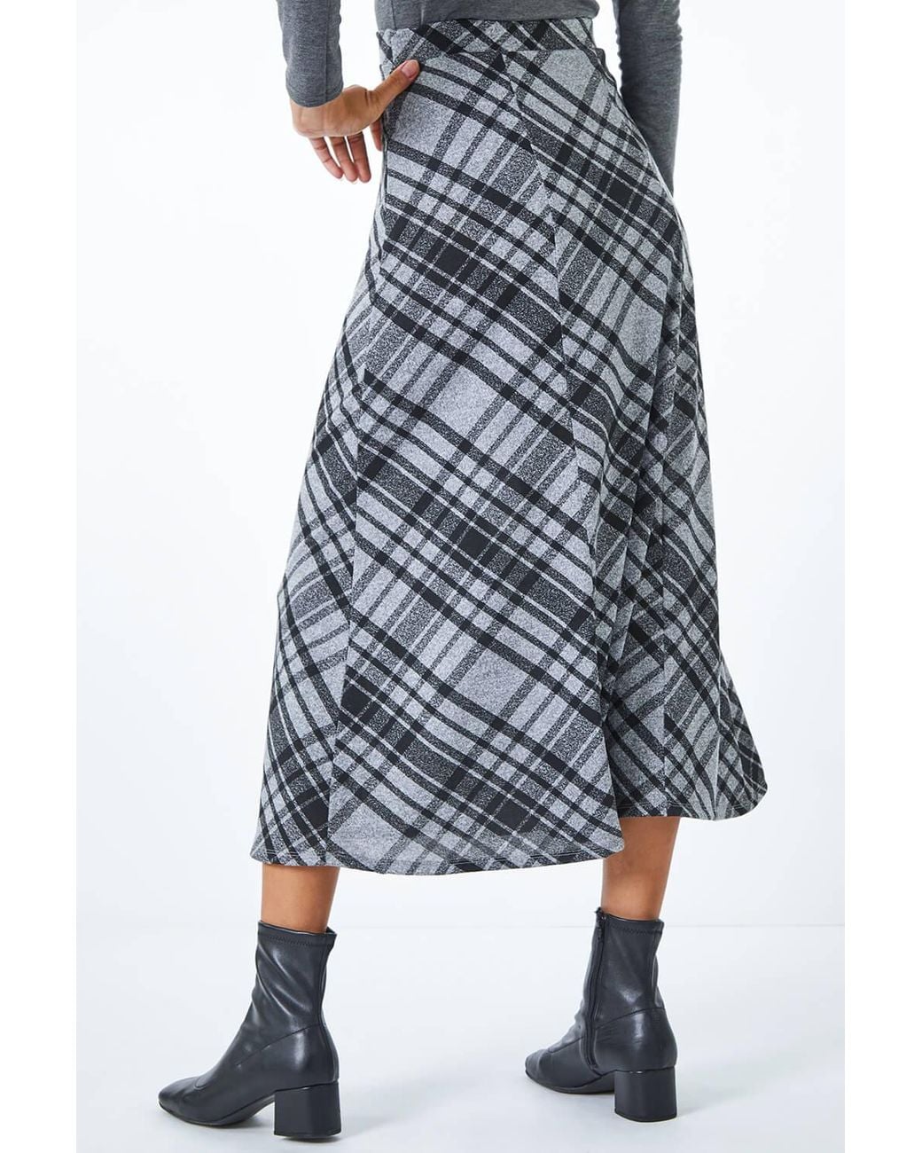 Roman Blue Elastic Waist Check Print Stretch Skirt