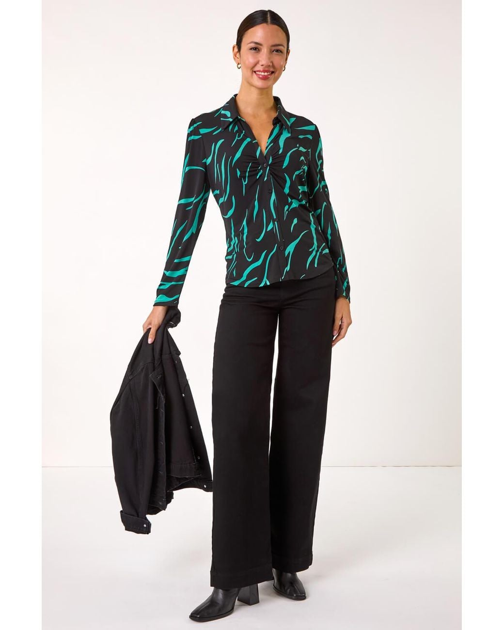 Roman Black Abstract Linear Print Stretch Blouse