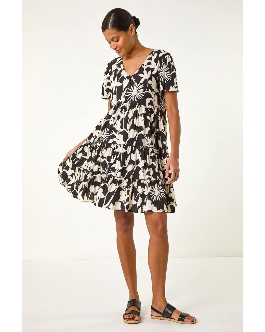 Roman Black Shadow Floral Tiered Dress