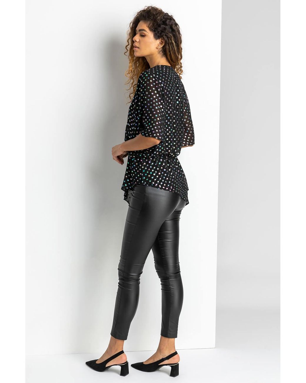 Roman Black Foil Spot Print Top And Necklace