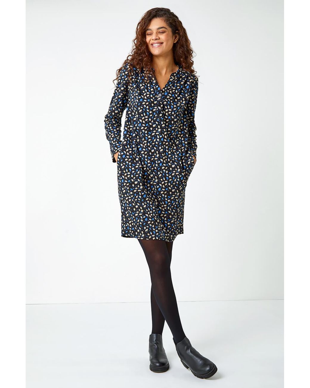 Roman Blue Leaf Print Pocket Shift Dress