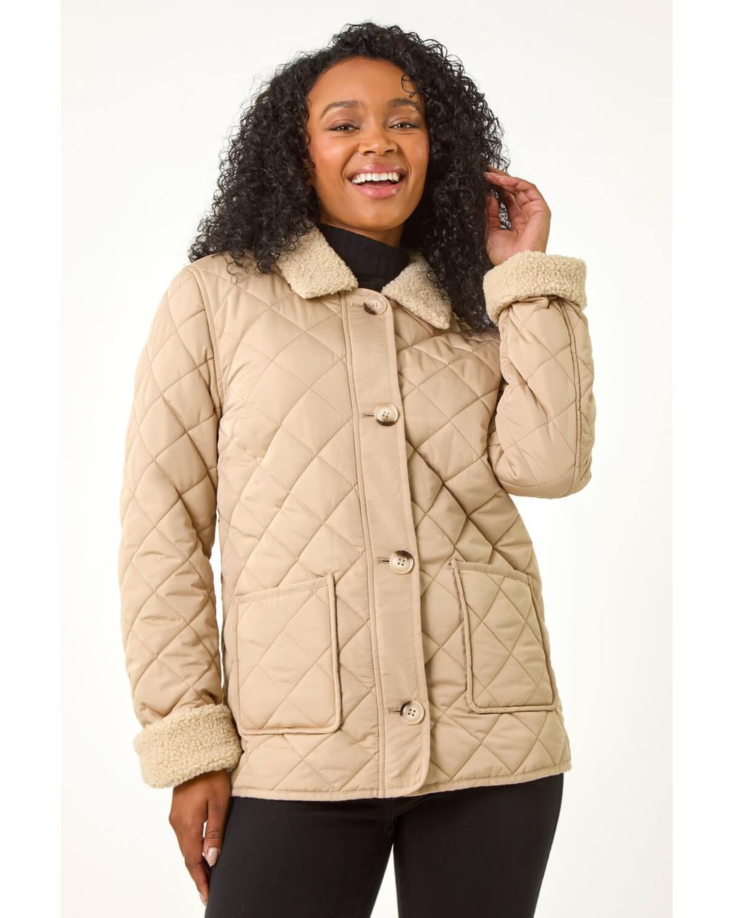 Roman Petite Natural Borg Contrast Padded Coat