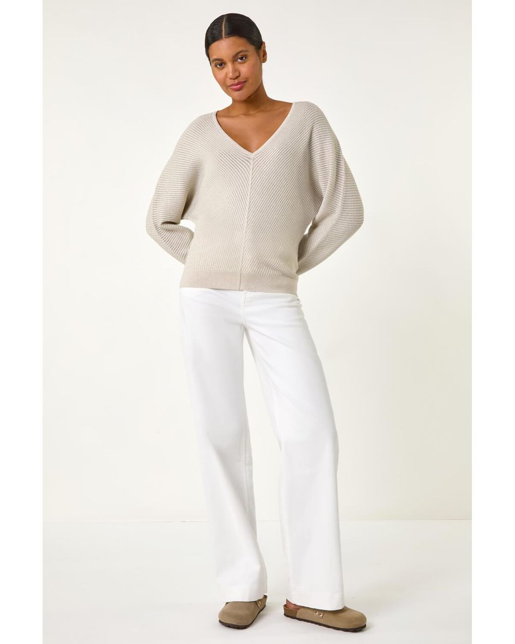 Roman Natural Textured Relaxed V-Neck Knit Jumper