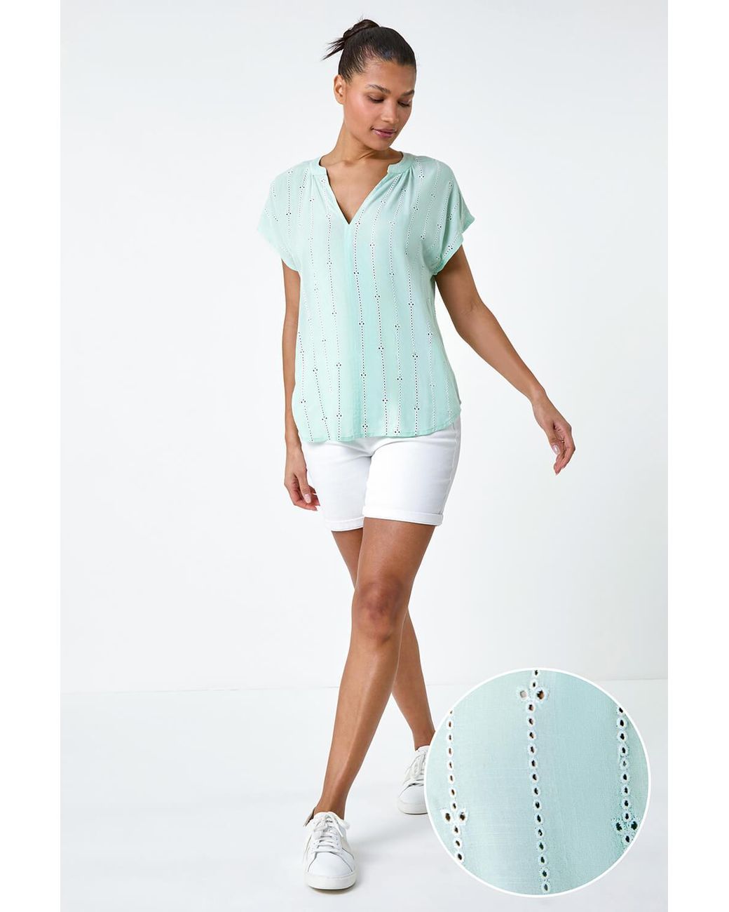 Roman Blue Embroidered Stripe Notch Neck Top