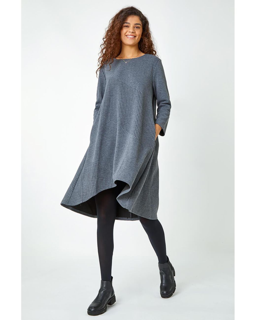 Roman Blue Ribbed Asymmetric Stretch Jersey Dress