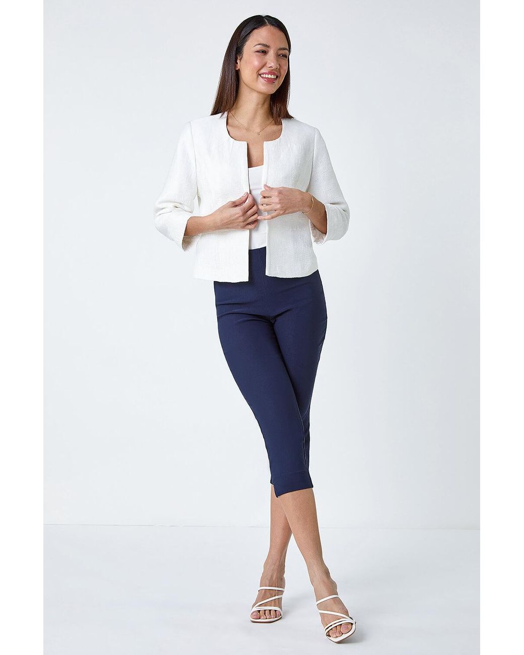 Roman White 3/4 Sleeve Pleated Textured Cropped Jacket