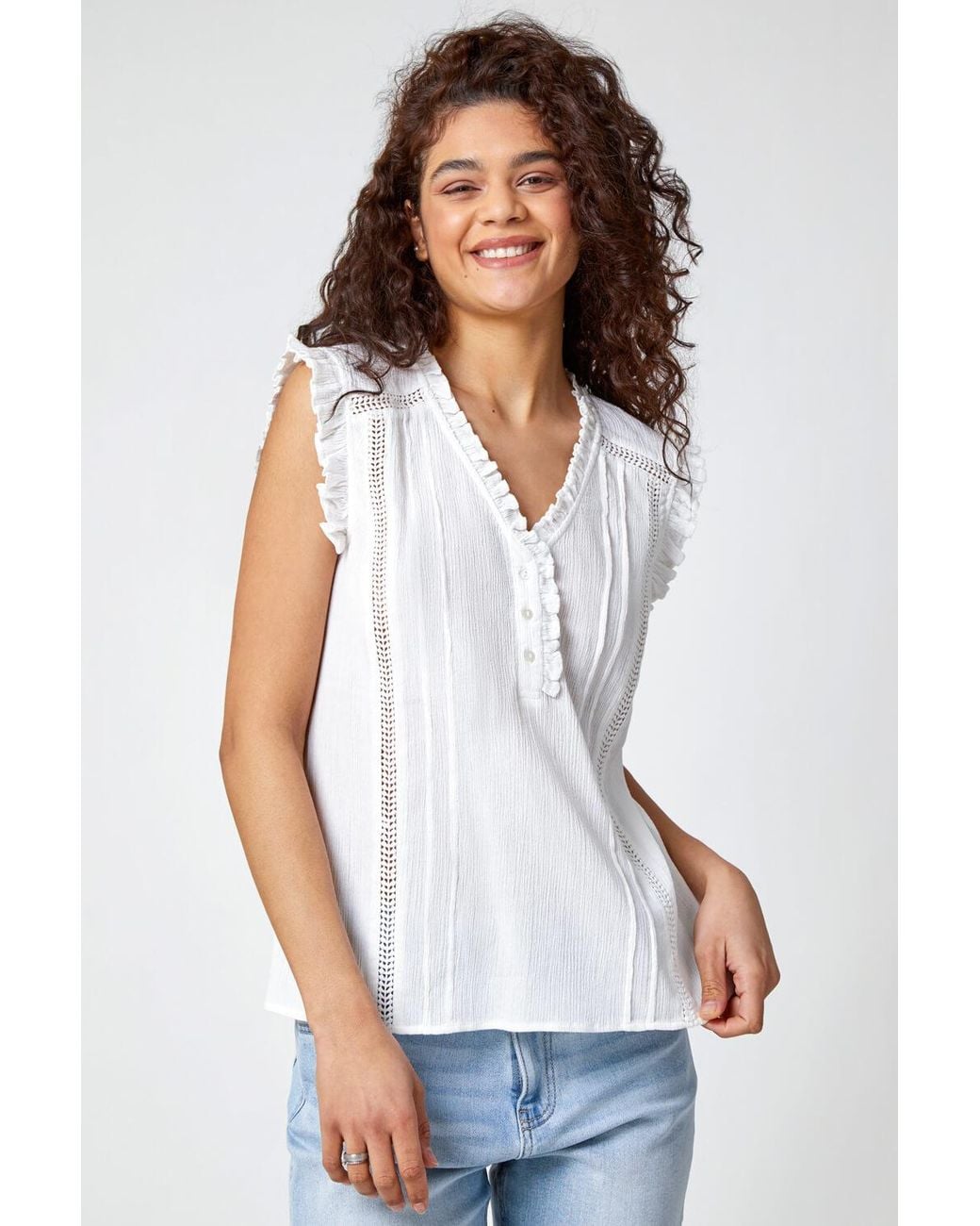 Roman White Ruffle Detail Cotton Crinkle Top