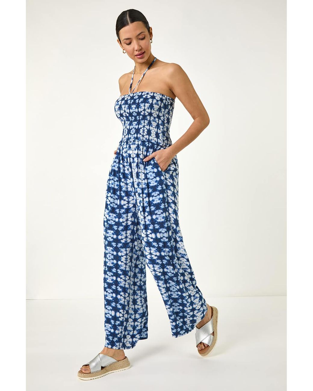Roman Blue Abstract Shirred Bardot Jumpsuit