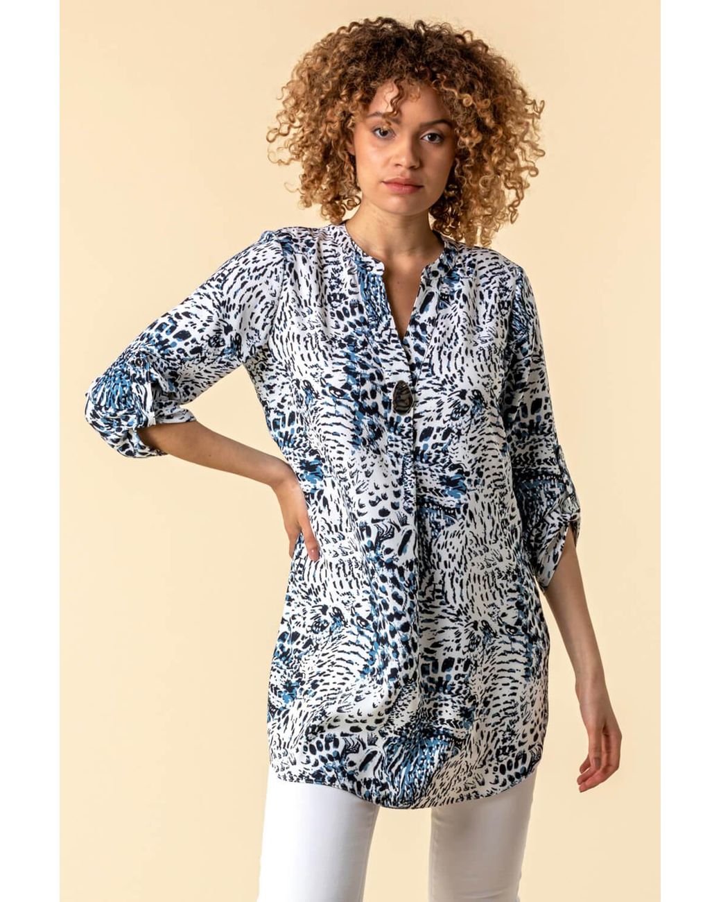 Roman Blue Animal Print 3/4 Sleeve Longline Tunic Top