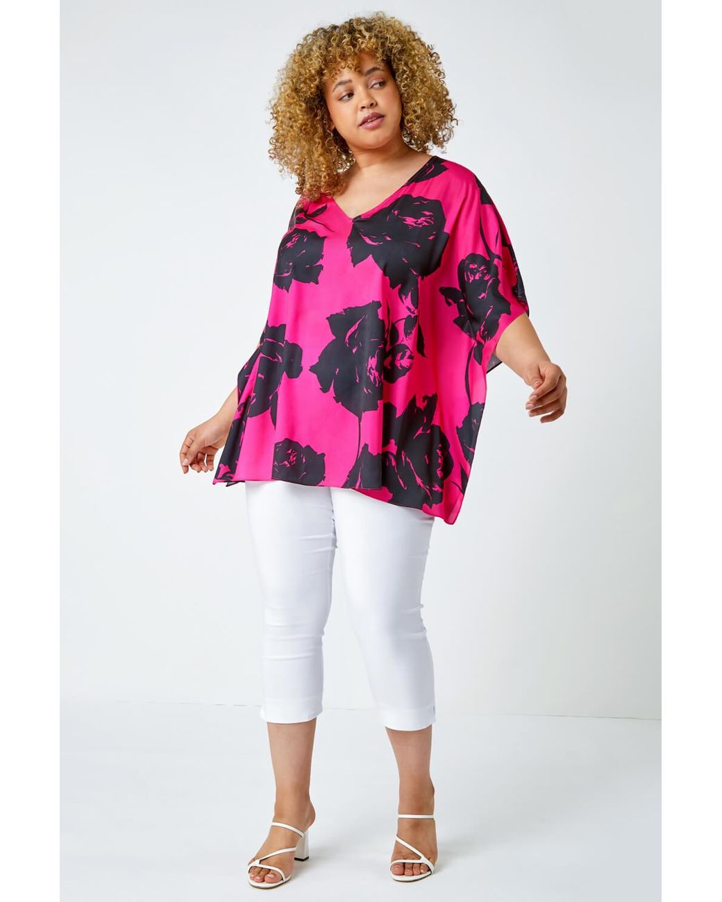 Roman Curve Pink Floral Print V-Neck Chiffon Top