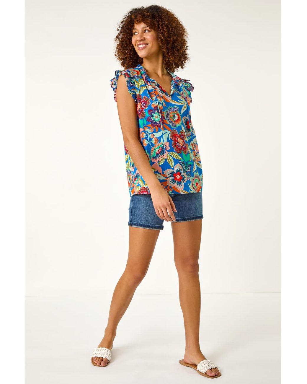 Roman Blue Floral Printed Frill Sleeve Top