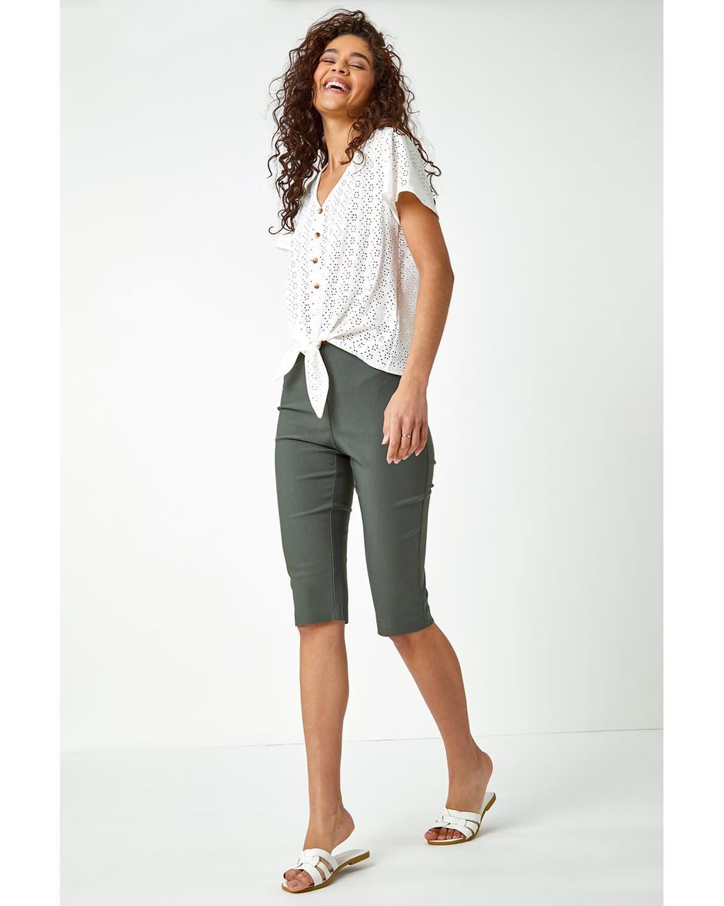 Roman Green Elastic Waist Knee Length Stretch Shorts